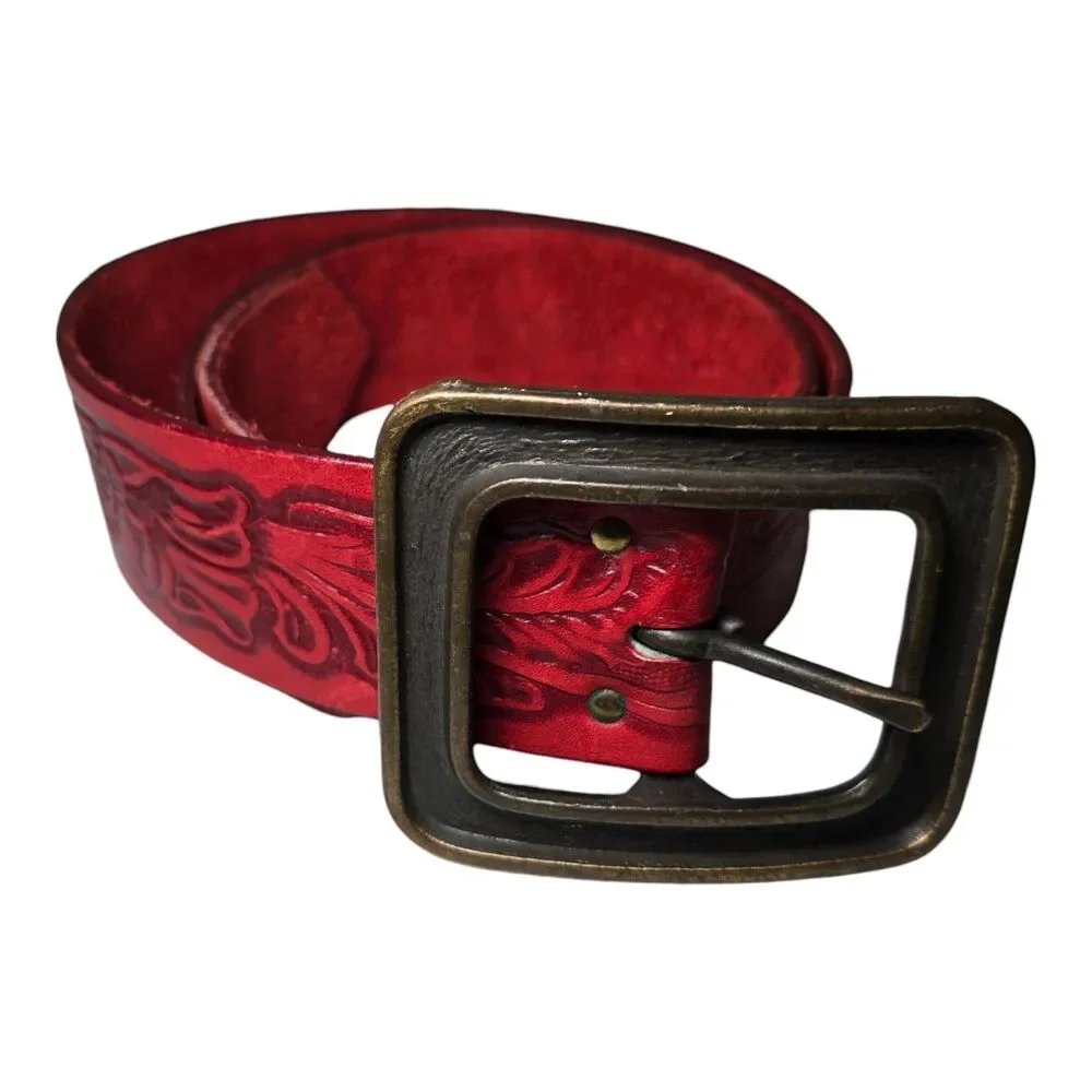 Vintage Red Leather Hand Tooled Floral Western Belt Antique Brass Buckle 516